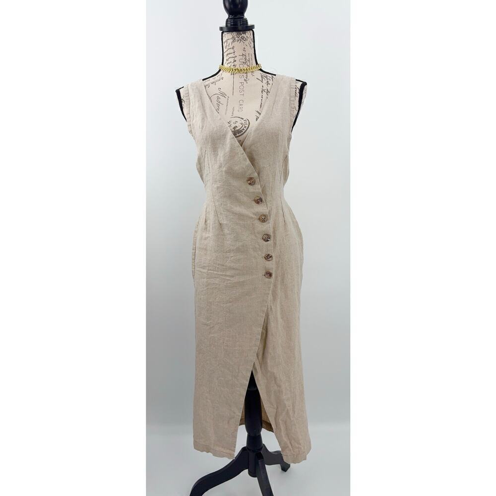 B51 Posse Linen Midi Dress S Belted Wrap Style Vacation Neutral Brunch Everyday - Picture 4 of 9